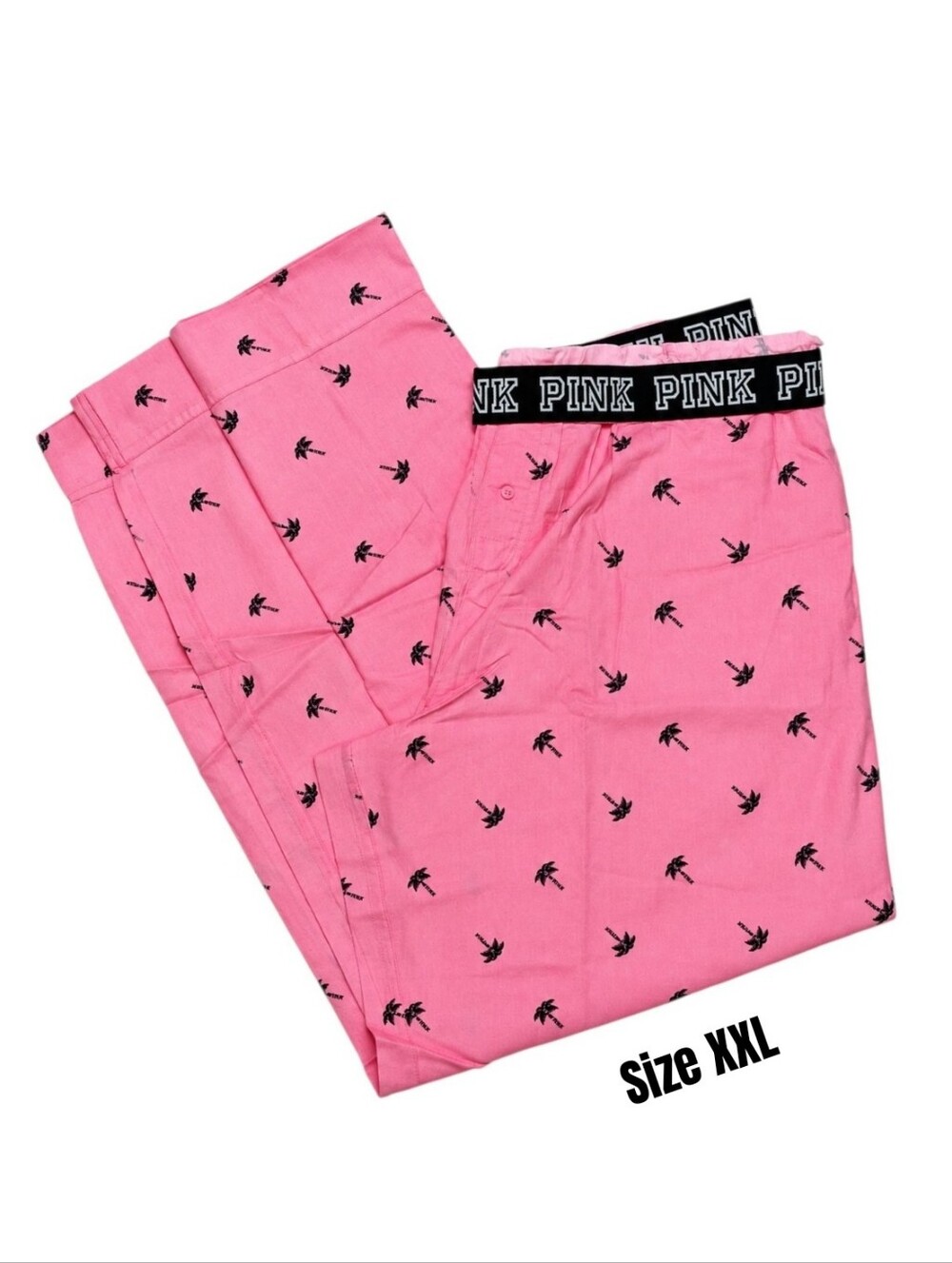 VS PINK Pink Allover Black Tropical Palm Tree Flannel Pajama Sleep Pants XXL NEW